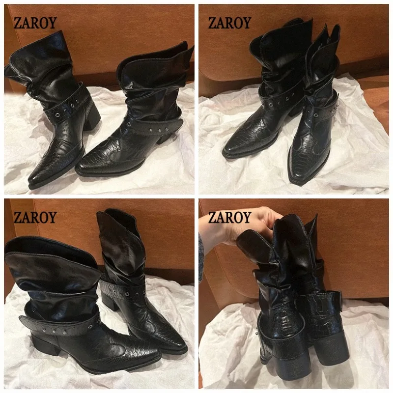 ZAROY Vintage Y2K Black Motorcycle Short Boots Casual Wide Shaft Fashion Metal Block Heel Ruched Punk Western Cowboy Boots