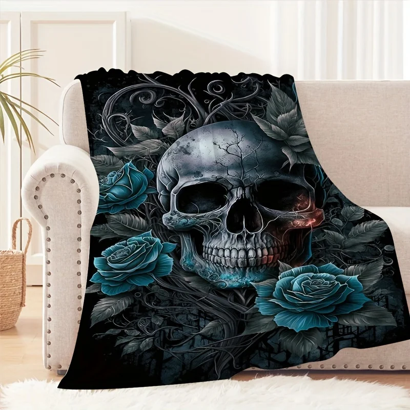Horror Rose Skull Printed Blanket Soft Comfortable All Season Blanket for Home Office Travel Decor Gift