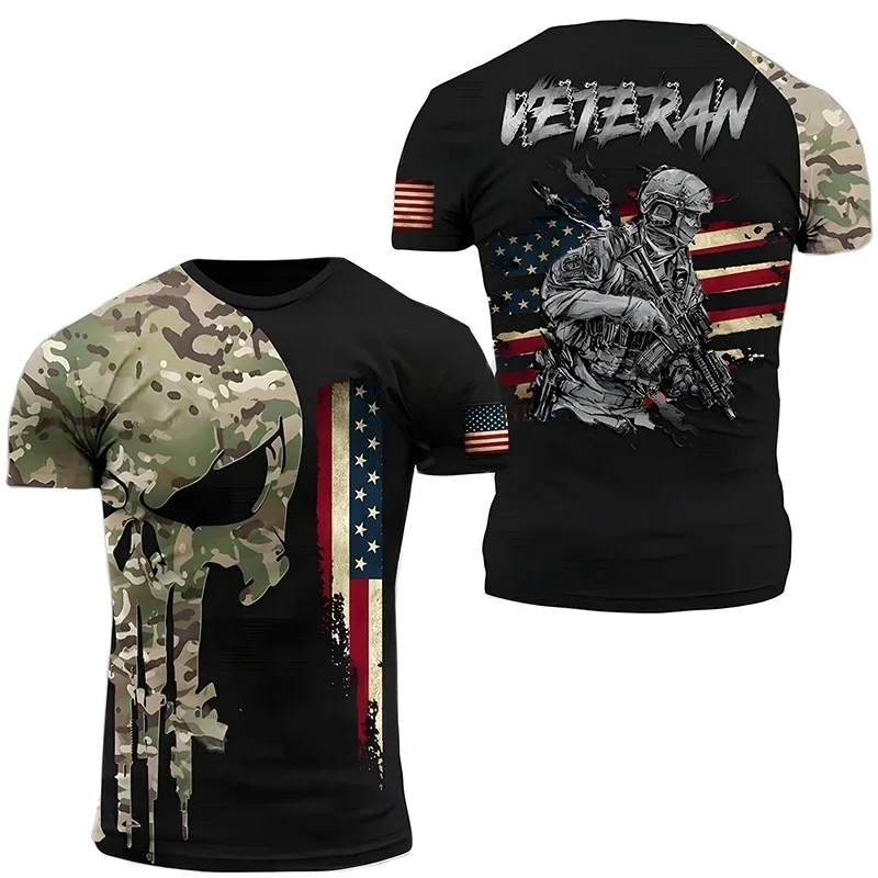 USA Army US Veteran T Shirt for Men Clothing Combat Military Camouflage T-Shirt 3D Skull Printed Short Sleeve Olive Beige Tshirt