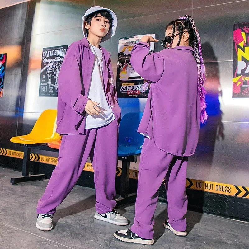 Kinder Street Dance Performance Outfit Lila Anzug Hemd Hosen Kpop Kleidung Jungen Mädchen Hip Hop Jazz Dancewear Streetwear DL10193