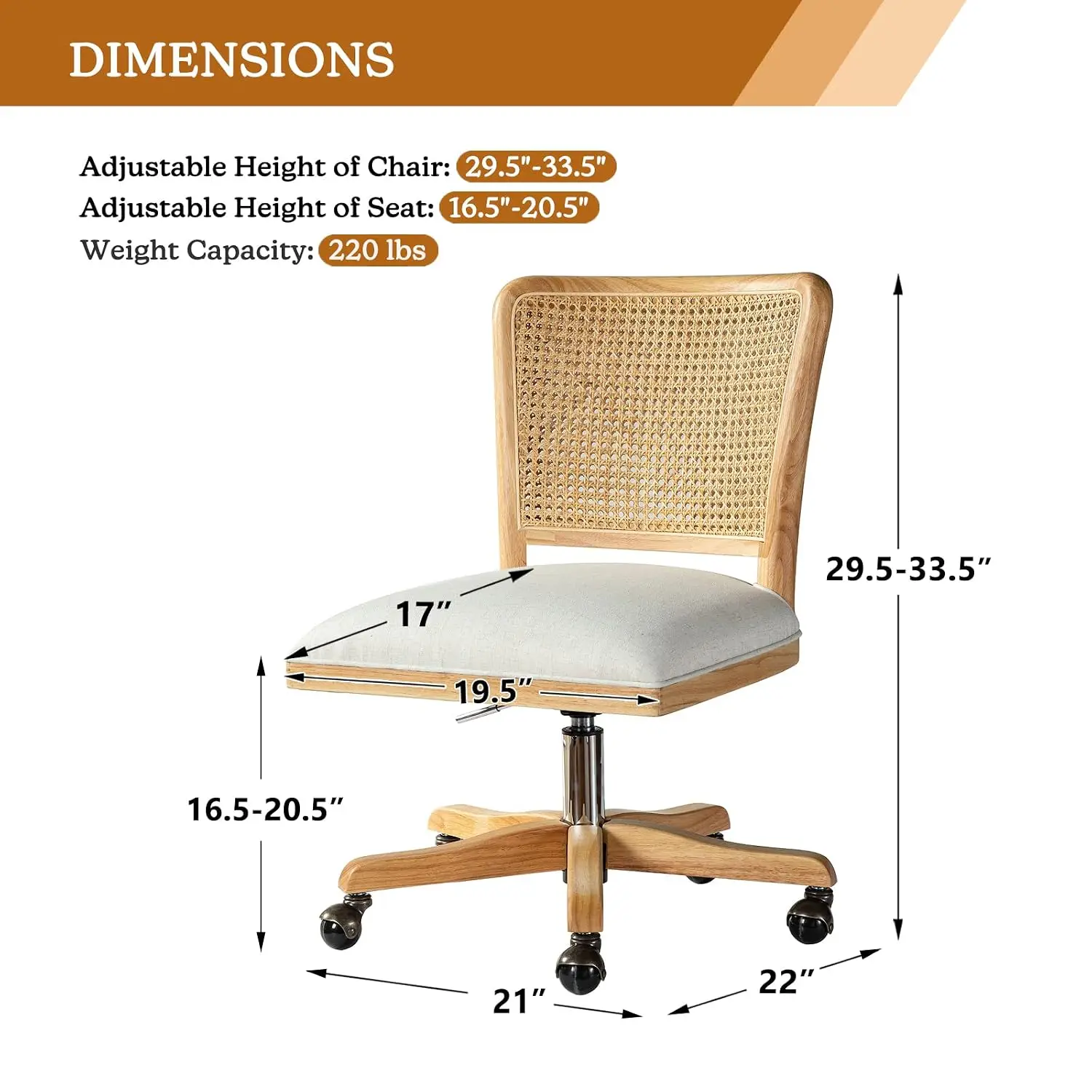 Modern Office Chair Upholstered Armless Desk Chair Adjustable Swivel Rolling Chair Rattan Mid-Back Linen, Customized