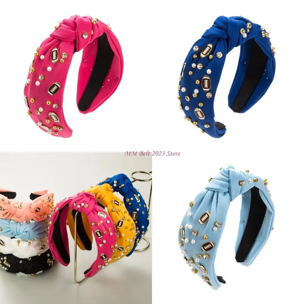 

49ME Football Headband Rhinestones Knot Wide Hairband for Football Fan Hair Accessory