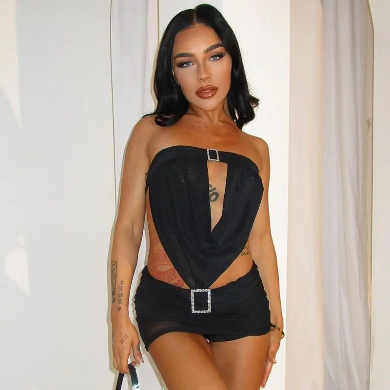 Cryptographic Sexy Strapless Cut Out Mini Dress Clubwear Party Elegant Outfits for Women Summer Mesh Sheer Backless Dresses