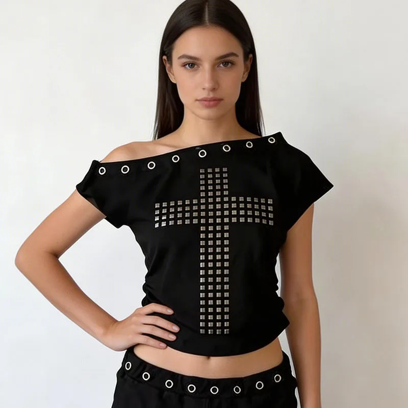 New European American Cross Square Rivet Circle Decoration Summer Slim Fit Sloping Collar Off Shoulder Fashion T-shirt Women's
