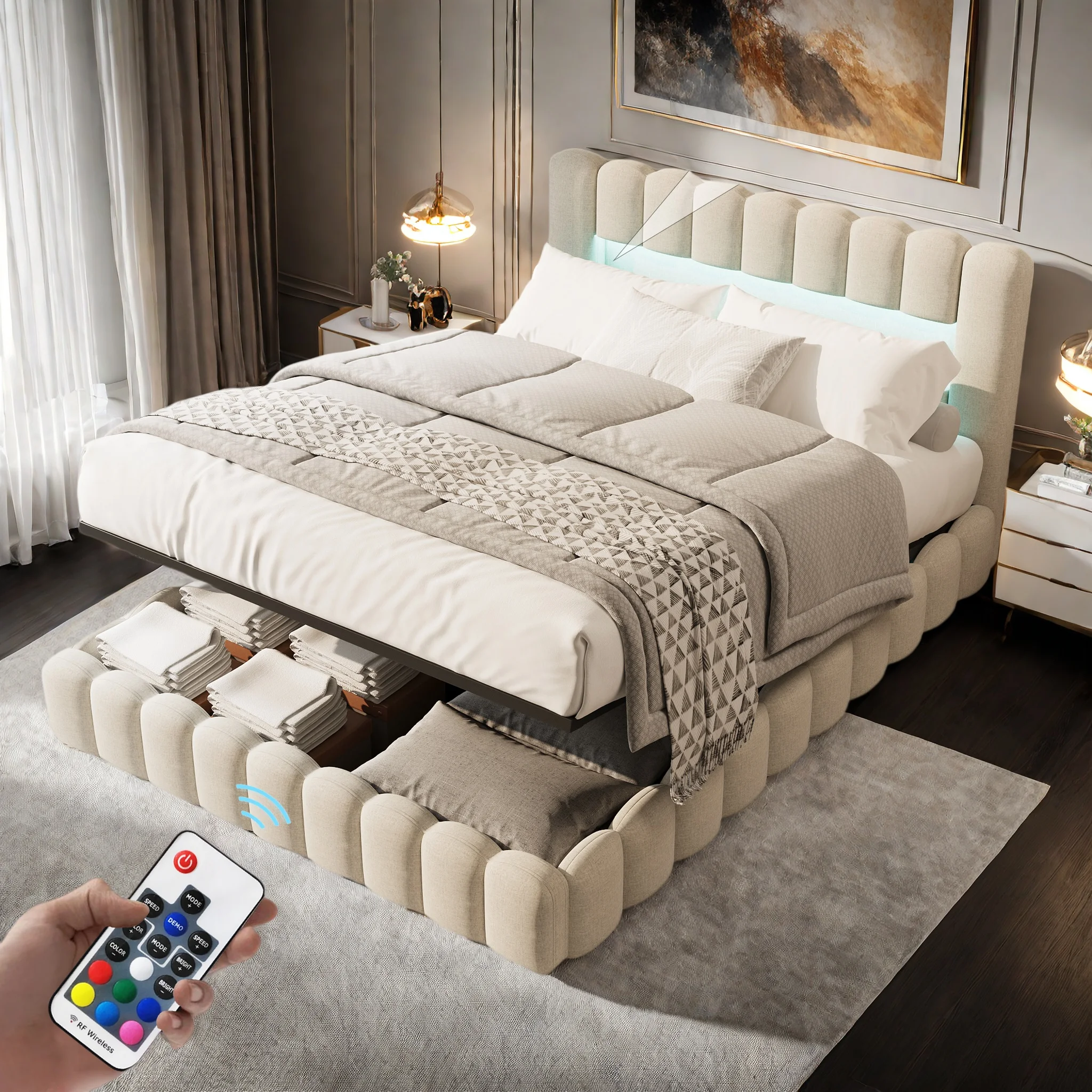 Rosahqnda Polsterbett,Doppelbett mit weicher Rückenlehne, gepolsterter Rand, Kopfteil mit LED et USB-Anschluss,Ohne Matratze