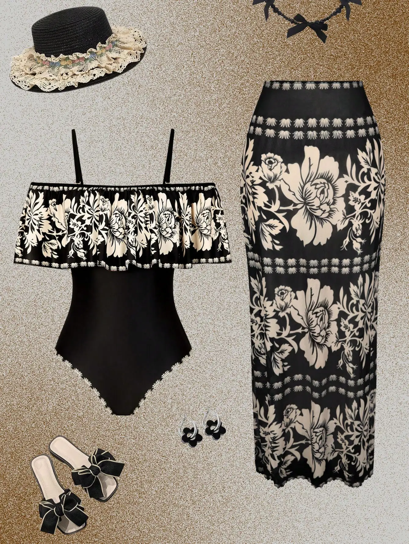 

Цельный купальник с рюшами и открытыми плечами, с пляжным платьем-накидкой с цветочным принтом