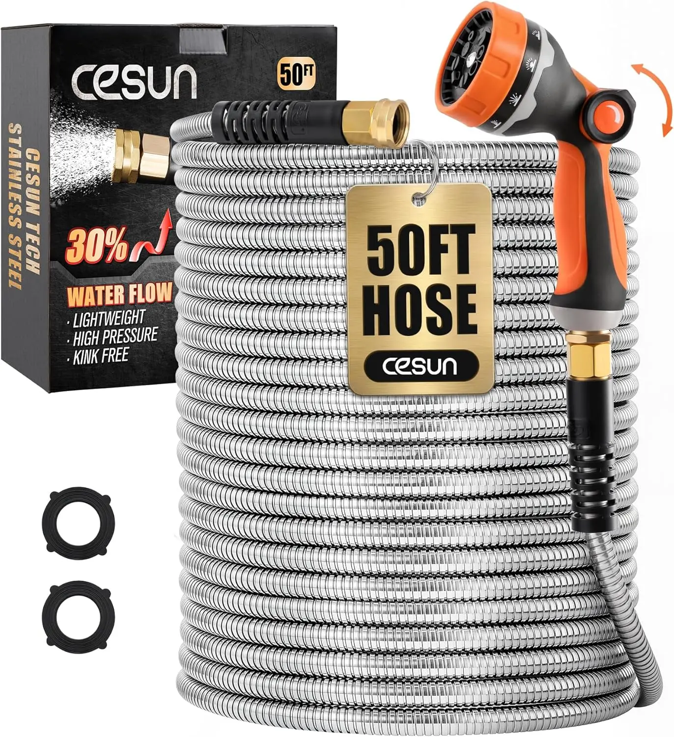 

50 ft Metal Garden Hose, Heavy Duty Stainless Steel, 10 Function Nozzle, No Kink & Flexible, Rust Proof, Lightweight, 5/8 inch
