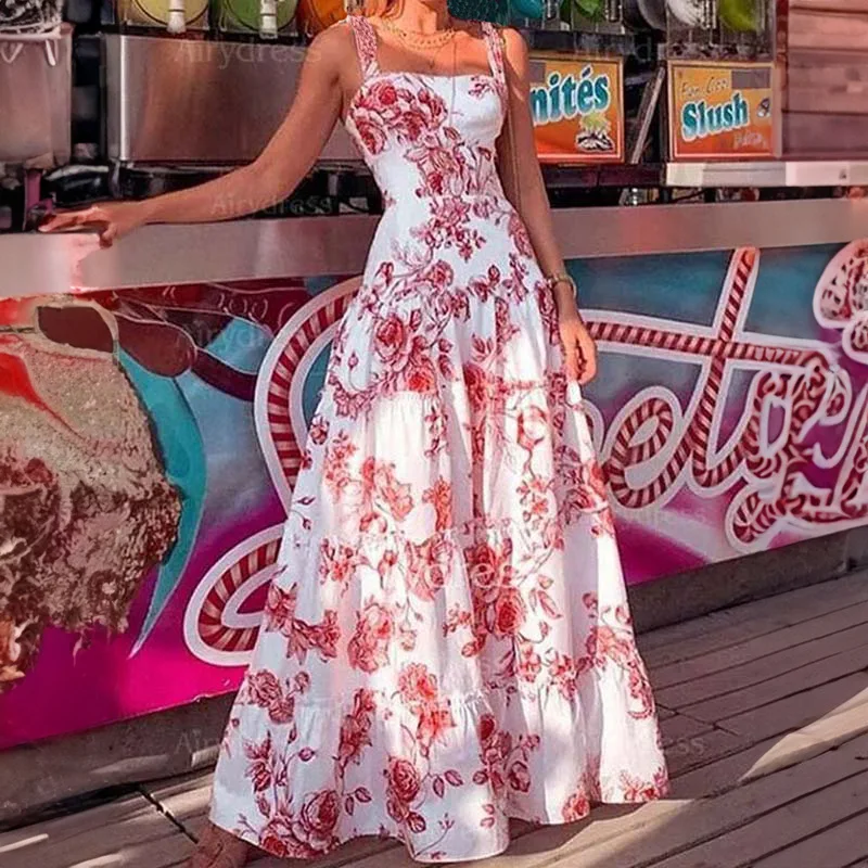 Robe longue Camisole pour femmes, coupe cintrée, Sexy, mode, imprimé Floral, col carré, sans manches, été