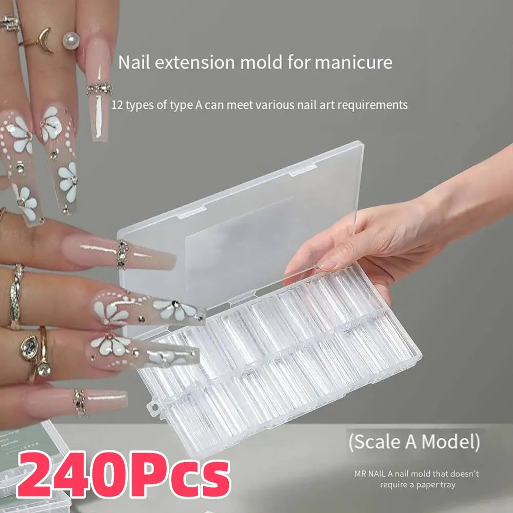 240 ชิ้น/กล่อง แบบเล็บปลอมทรงสี่เหลี่ยมคางหมูยาว สำหรับต่อเล็บเจล แบบใส ใช้ซ้ำได้ พร้อมแม่พิมพ์และบล็อก
