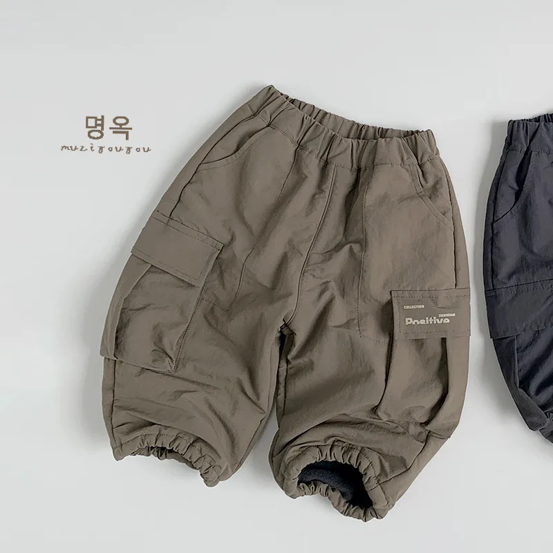 Winter New Children Outdoor Cargo Pants Plus Velvet Thick Boys Casual Pants Girls Fleece Warm Trousers Kids Loose Pants