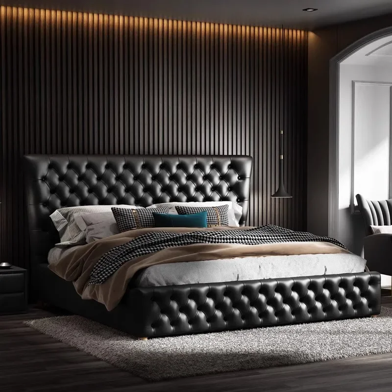 

High Headboard Leather 150 X 200 Double Bed Shelve Decoration Queen Bedroom Twin Double Black Bed Luxury Modern Furniture