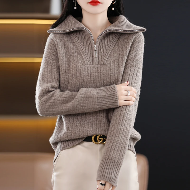 100% Wool Zipper Casual Fashion New Style Women\'s Cashmere Turtleneck Loose Pullover Ladies thickening Sweater Christmas