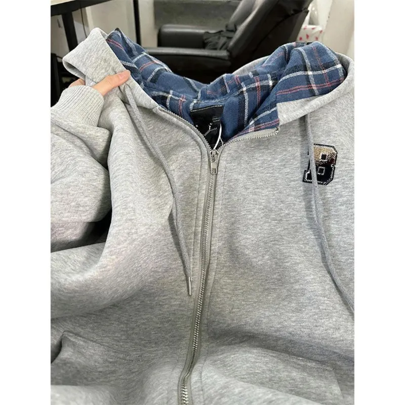 

Ретро-худи в американском стиле в клетку для женщин: весенне-осенняя тонкая свободная толстовка оверсайз премиум-класса, повседневная уличная одежда