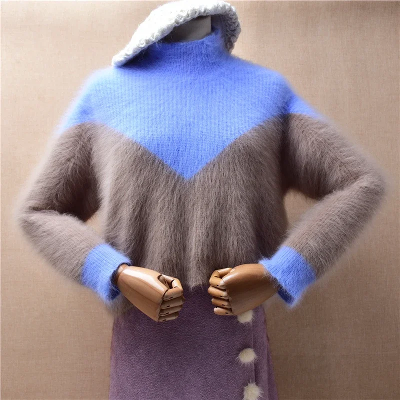 

Ladies Women Fall Winter Colored Angora Rabbit Hair Knitted Long Sleeves Turtleneck Short Style Crop Top Loose Pullover Sweater