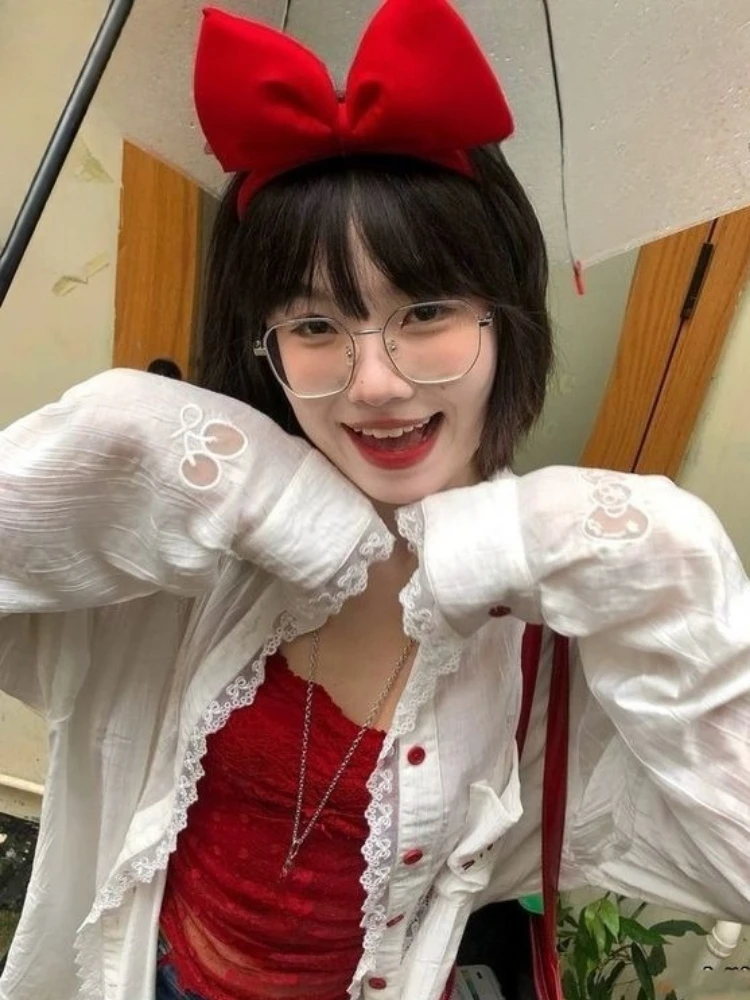 Y2k Aesthetic Two Piece Sets Lace Patchwork Sun Protection Loose Blouses + Flower Print Grunge Tanks Female Autumn Vintage Suit