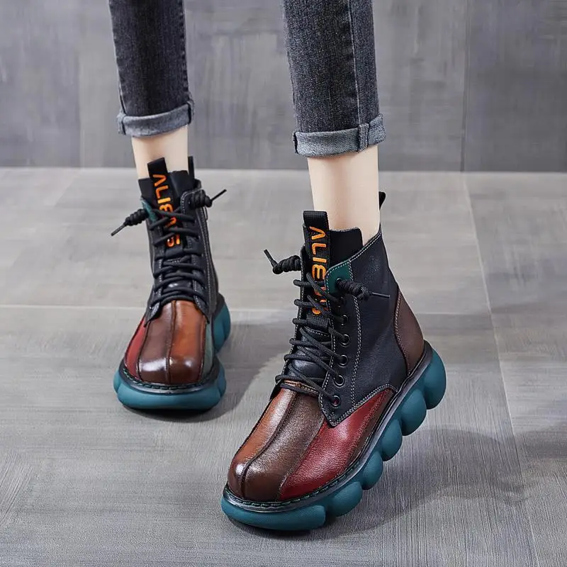 New Autumn Boots Women Mixed Colors Shoes Fashion Round Toe Lace Up Casual Thick-soled Ladies Flat Platform Short Boots