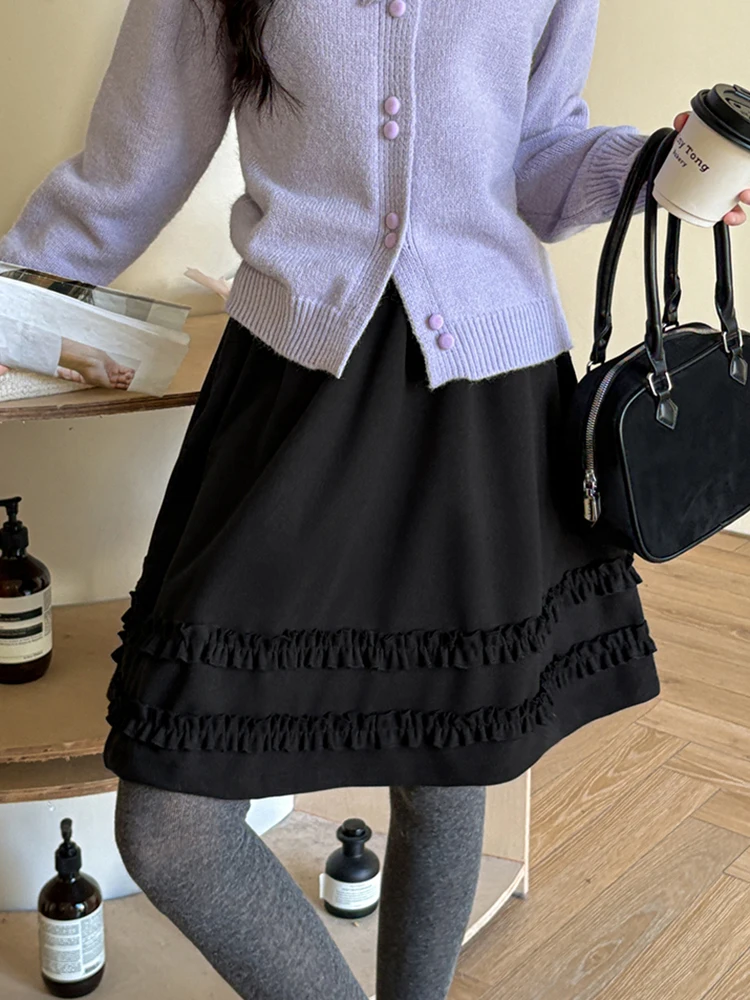 Jupe en laine longueur genou pour femmes, taille haute décontractée, demi-Capris, jupe trapèze avec bord champignon, automne et hiver