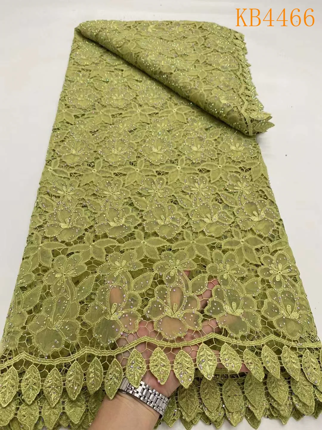 Olive Green Guipure Lace Fabric, White Sequins, Africain, Robe de mariée, Haute qualité, KB4466, 2024