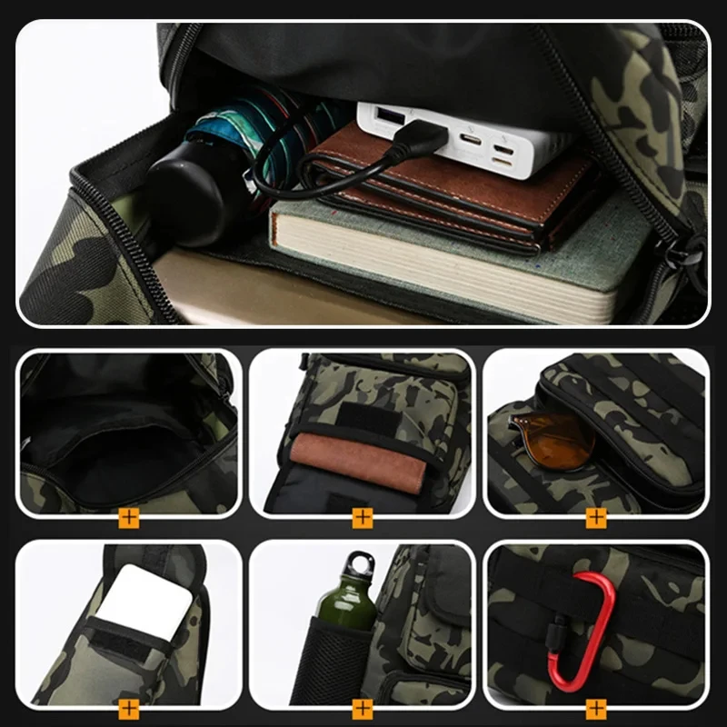 Multi-functional Fishing Chest Bag Men\'s USB Tactical Crossbody Storage Pack Outdoor Sports Camping Travel Shoulder Backpack