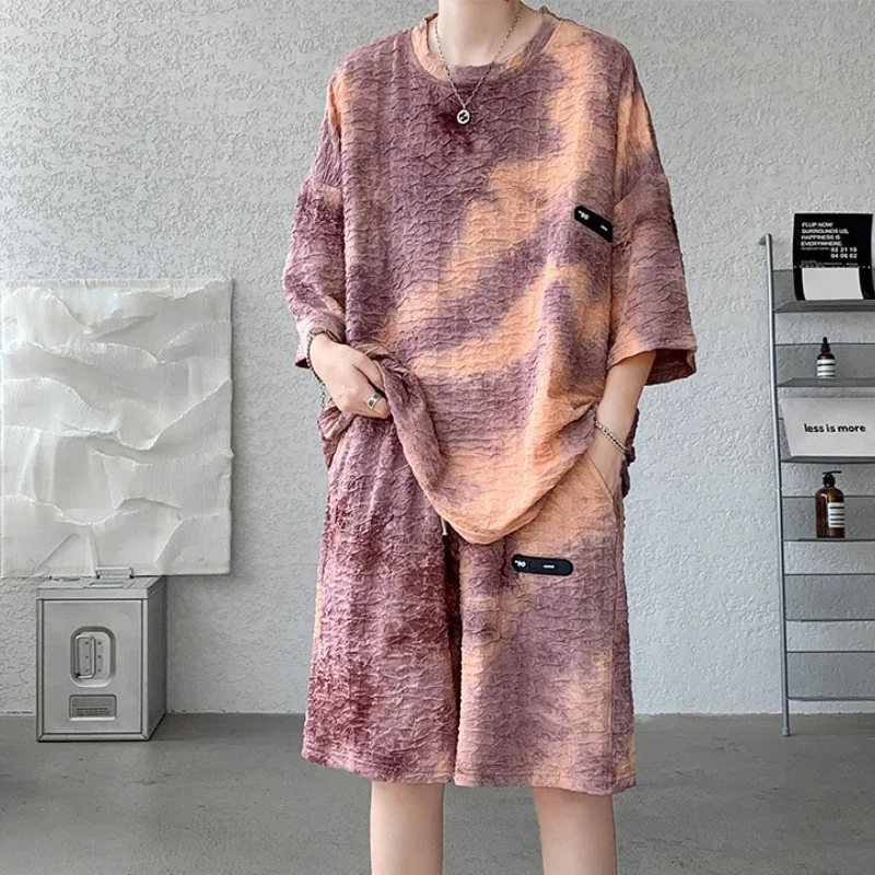 

Oversized T-shirts Shorts Suits for Men Tie Dye Two Piece Set Korean Style 2025 Casual Baggy Outdoor Aesthetic Chic Tee Man Sets
