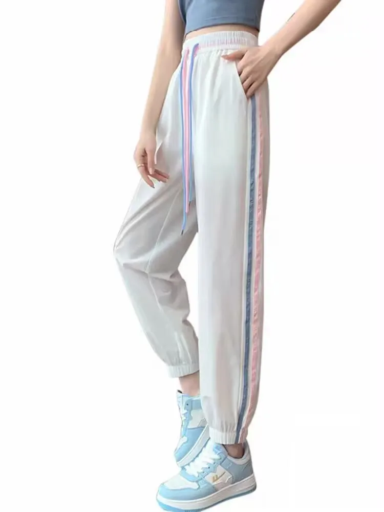 Pantaloni sportivi Qui Dry per studenti delle scuole medie inferiori Pantaloni casual sottili con risvolto a righe nuovi estivi Assorbenti del sudore a vita alta