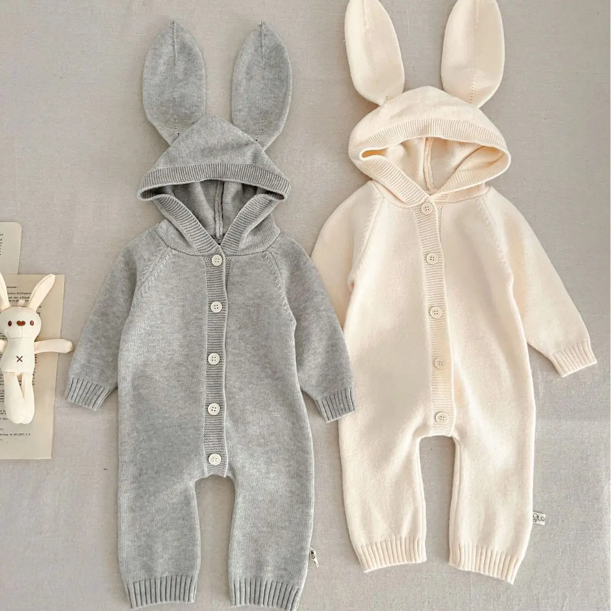 

2024 New Spring Autumn Newborn Girls Boys Jumpsuit Cute Little Bear Rabbit Ear Hooded suit Toddler baby Clothes 0-24 Months