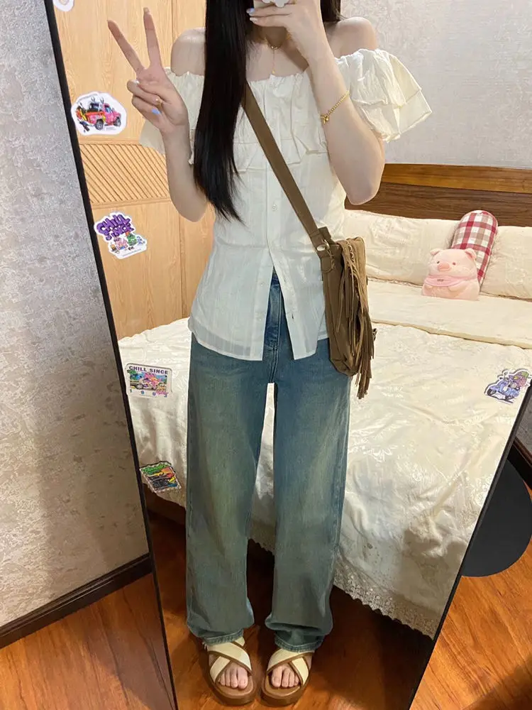 Camicia a maniche corte pura e dolce da donna in camicia estiva dal design di nicchia con top monospalla sottile e sottile