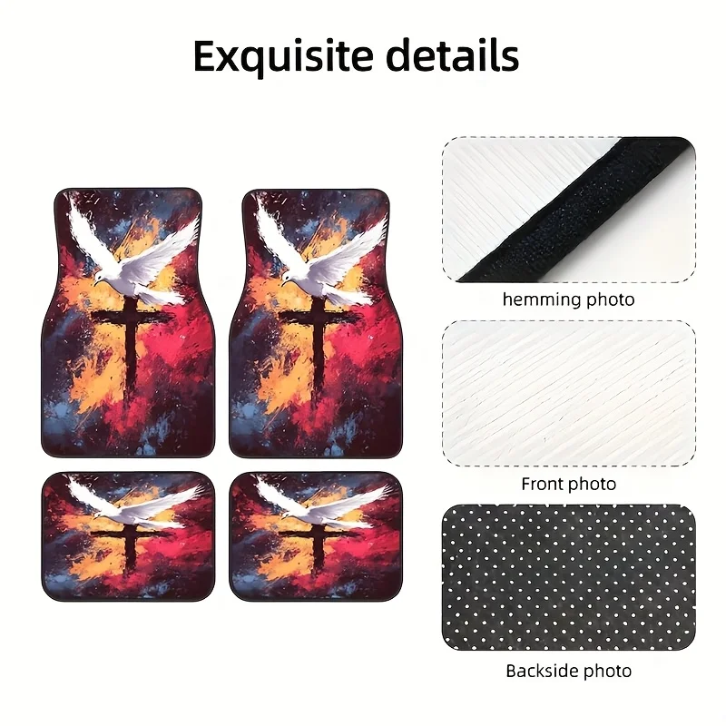 4pcs Christian Dove Cross Pattern Car Floor Mats | Polyester Fiber, Universal Fit For Front And Rear Seats, Enhances Car Interio