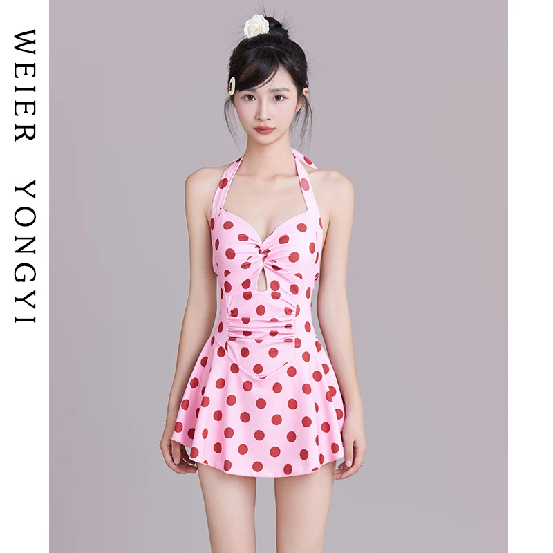 

Conservative Belly Covering Swimsuit Women's Fashionable Retro Hanging Neck Backless Slimming Waist Swimming Costume