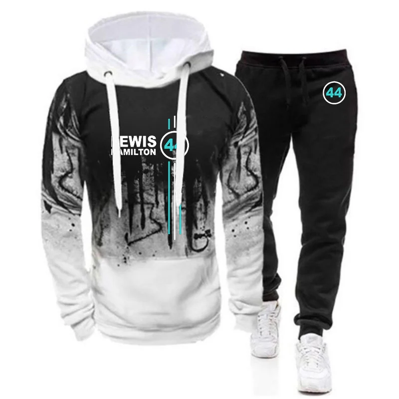 

F1 Driver Lewis Hamilton Digital 44 Men Fashion Spring Autumn Gradient Color Hooded Hoodie + Print Sweatpant Sportwear Suit