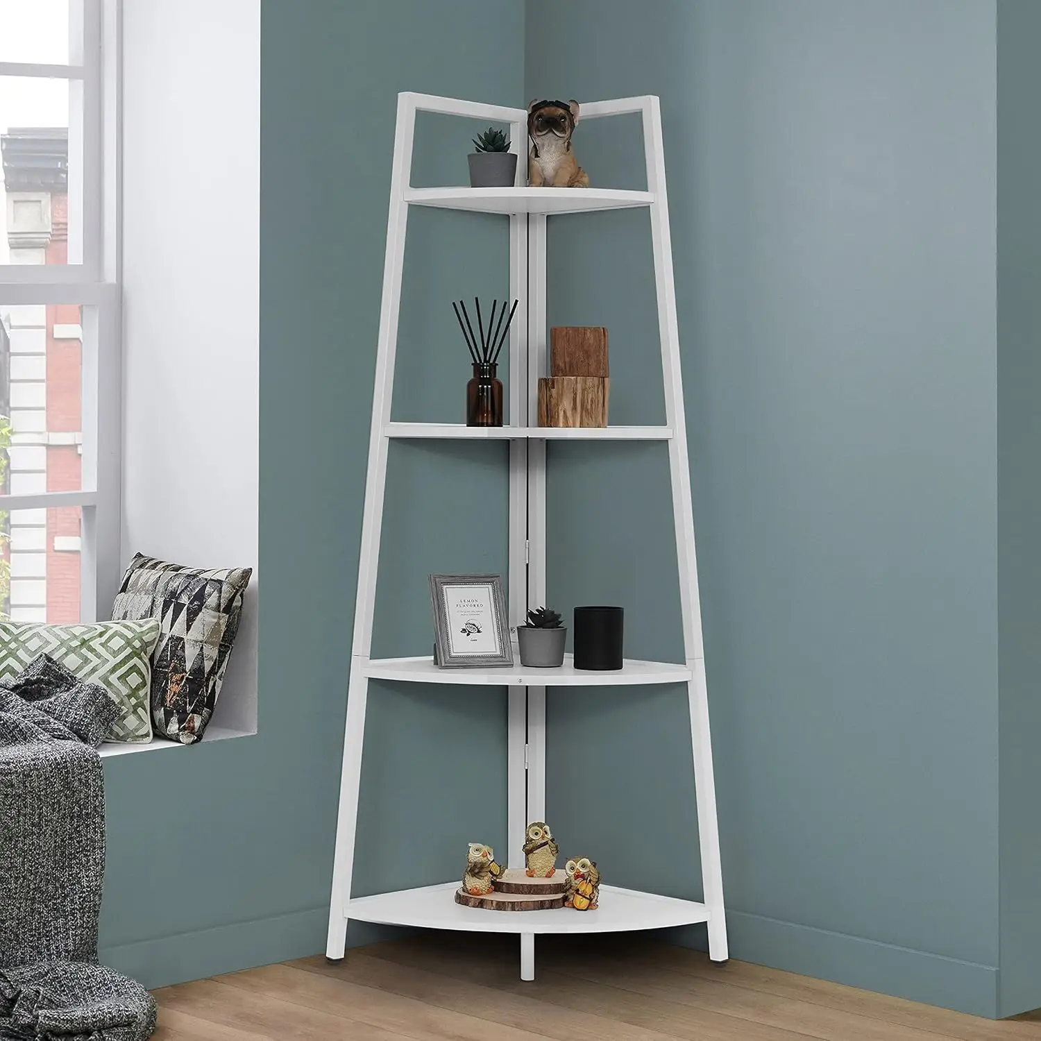 Tall Corner Shelf Stand, 4-Tier Display Shelves, Ladder Corner Wood Storage Plant Bookshelf with Metal Frame