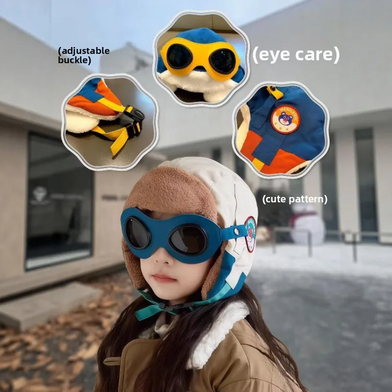 Children's Hat Winter Pilot Hat Medium and Older Children's Windproof Outdoor Autumn and Winter Ear Protection Fleece Warm Girls