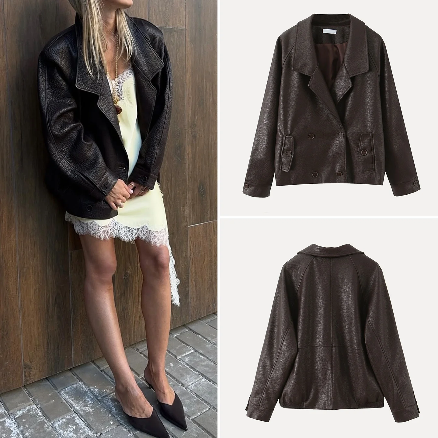 

Faionable повседневное двубортное кожаное пальто в стиле ретро, женское осеннее новое поступление, Z-стойка, подходит для сна...