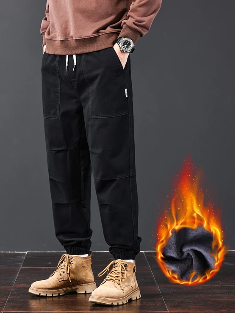 الشتاء الصوف مدبب Sweatpants الرجال 100% القطن سراويل تقليدية المألوف الدافئة جيوب سميكة البضائع المخملية بنطلون #4