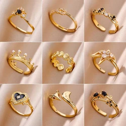 Gold Color Stainless Steel Ring for Women Exquisite Zircon Crown Heart Anillos Opening Adjustable Ring Jewelry Wedding Gift New