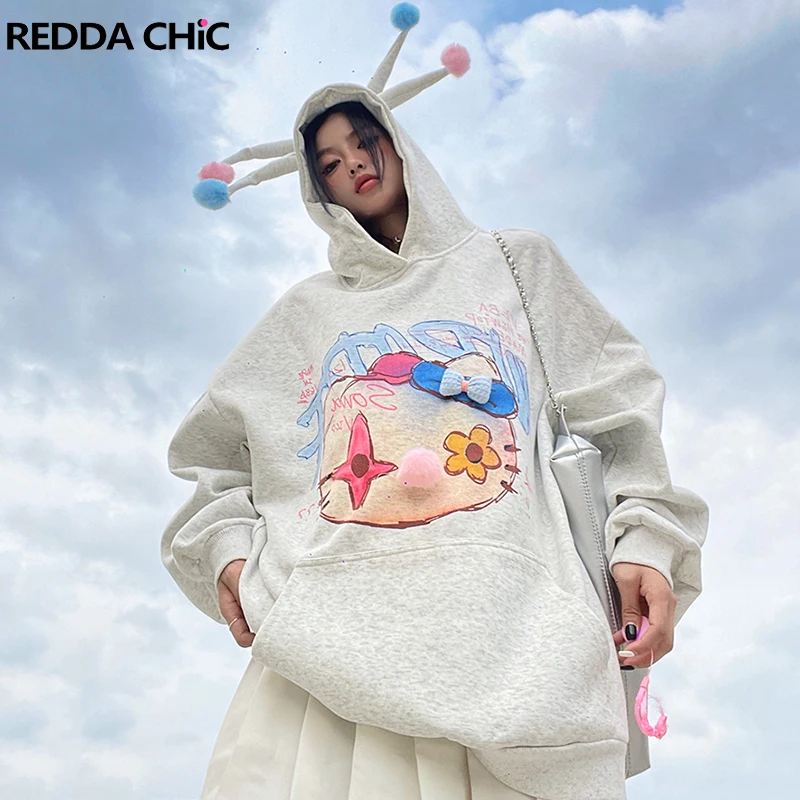 

ReddaChic Pom-pom Joker Women Hoodies with Hood Kitty Cartoon Casual Big Pocket Long Sleeves Pullover Sweatshirt Y2k Streetwear