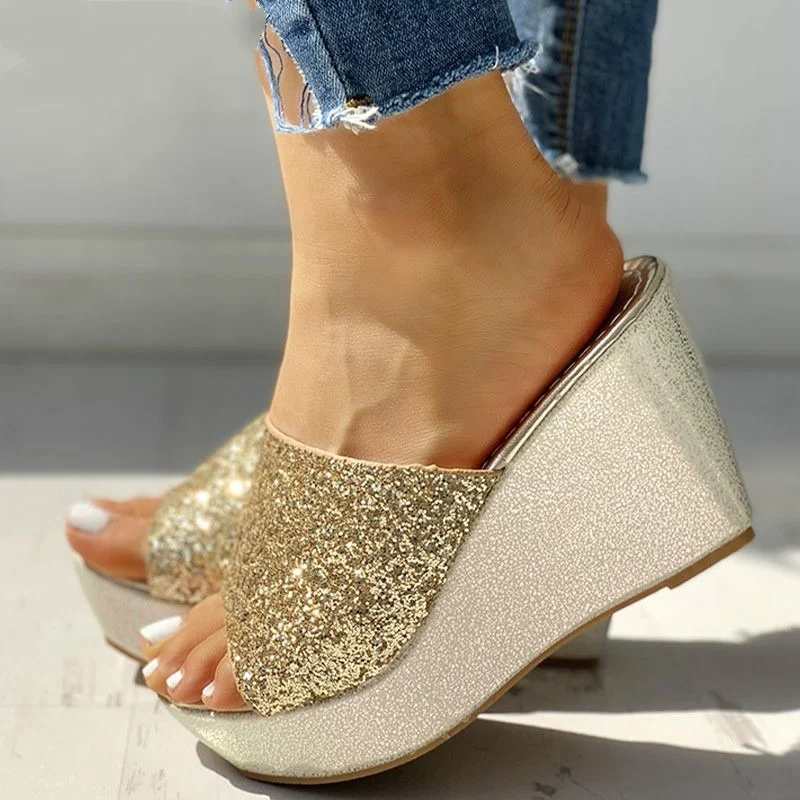 Women\'s Bling High Heel Pumps Ladies Mules Wedding Shoes Wedges Slides Party Sandals Platform Slipper Peep Toe Zapatos De Mujer