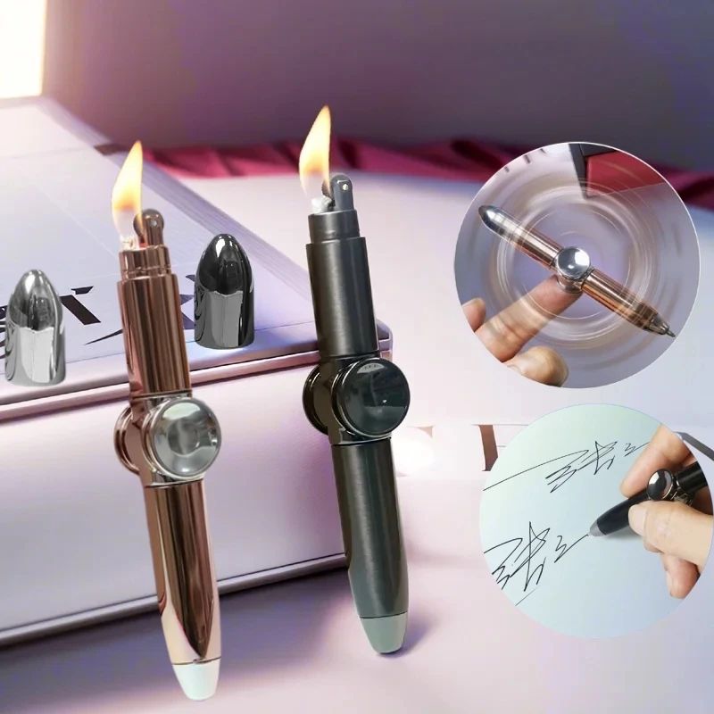 

Metal fingertip rotating ballpoint pen inflatable lighter multifunctional three in one grinding wheel pressure reducing lighter