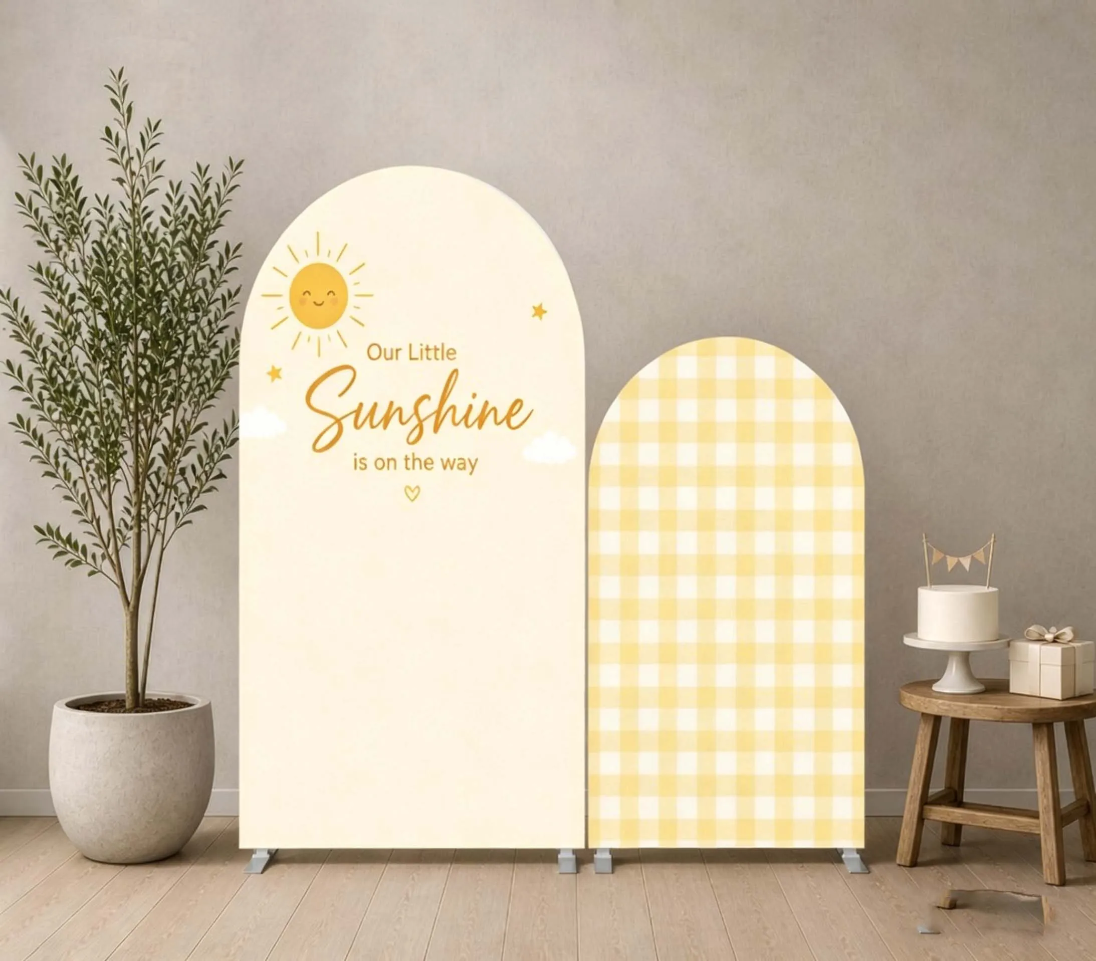 Custom 2-Side Little Sunshine Baby Shower Arch Backdrop Cover Yellow Gingham Birthday Party Decor Backdrop Photo