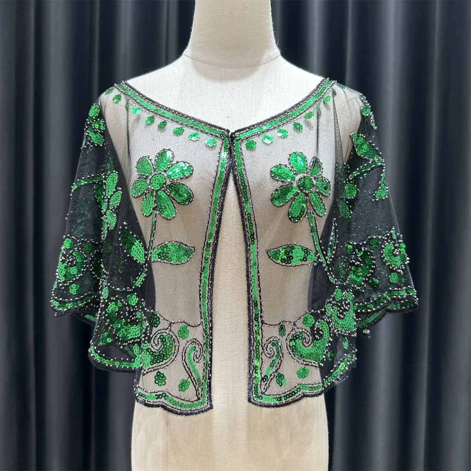 Elegant Sequin Bead Floral Mesh Shawl Vintage Inspired Short Cape with Black Trim Breathable  for Evening
