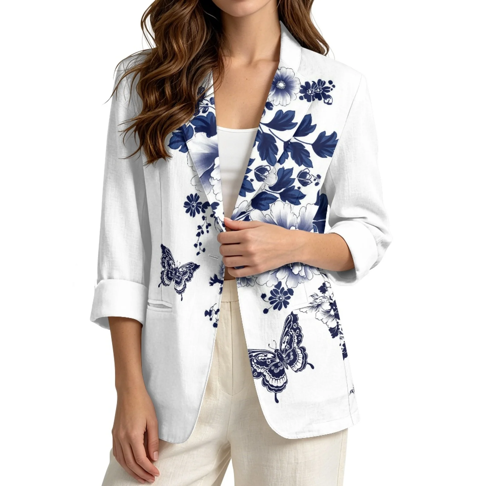 PENSTROLL Blue Floral Butterfly Linen Style Open Front Cardigans S-3XL, 3/4 Sleeve Casual Outerwear for Women for Beach