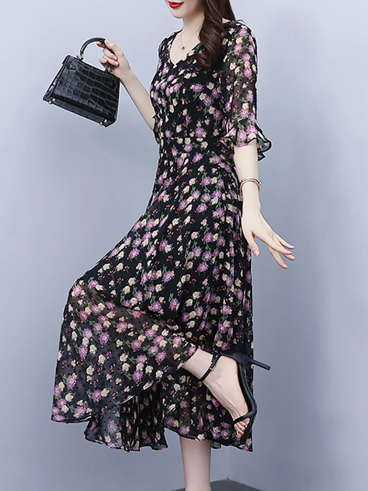 Black Floral Chiffon Casual Beach Outfits for Women Summer Chic Butterfly Sleeve V-Neck Midi Dress 2024 New Korean Evening Dress