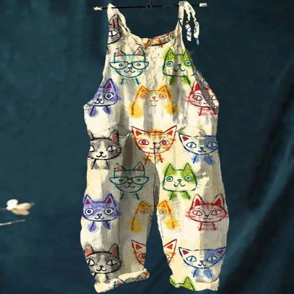 Summer 2025 women's jumpsuit, 3D color sketch cat print fashionable and breathable jumpsuit, adjustable shoulder straps