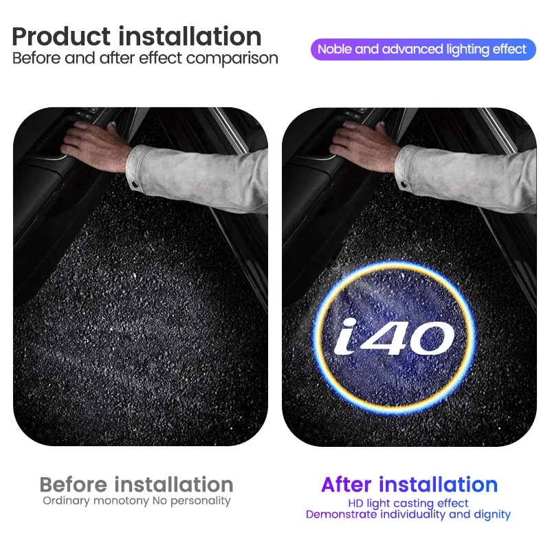 2Pcs For Hyundai i40 Logo Universal Car Door LED Projector Customized Lights Welcome Lamp Car Door Welcome Lights Accessories
