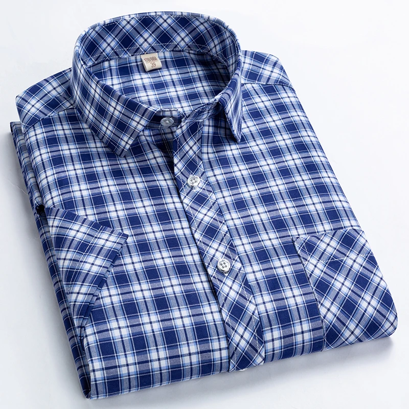 Camisas de manga corta a cuadros para hombre, camisa informal de negocios con cuello vuelto a rayas, alta calidad, Verano