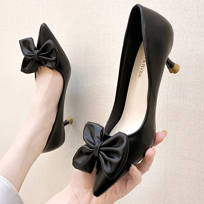 Lucyever Bowknot Green Pumps for Women 2024 Fashion Pointed Toe High Heel Shoes Woman Shallow Pu Leather Office Ladies Shoes