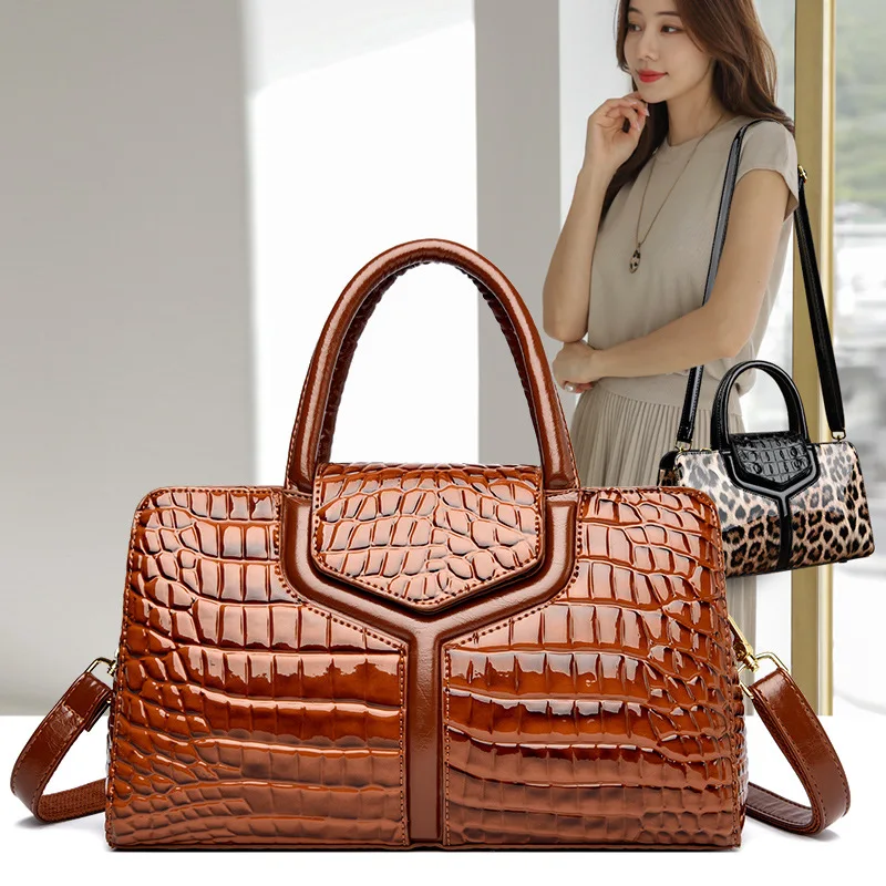 Fashion European American Vintage Crocodile Pattern Patent Leather Women Handbag Large Capacity Casual Shoulder Crossbody Bag