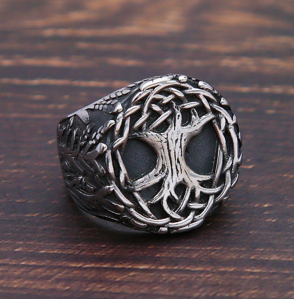 Men Stainless Steel Distressed Viking Tree of Life Rings Vintage Odin Celtics Knot Nordic Ring Men Fashion Viking Jewelry Gift