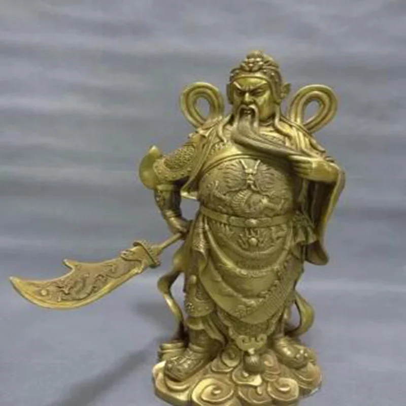 

7" Chinese Pure Brass Warrior Fly Dragon Sword GuanGong Guan Yu God Statue