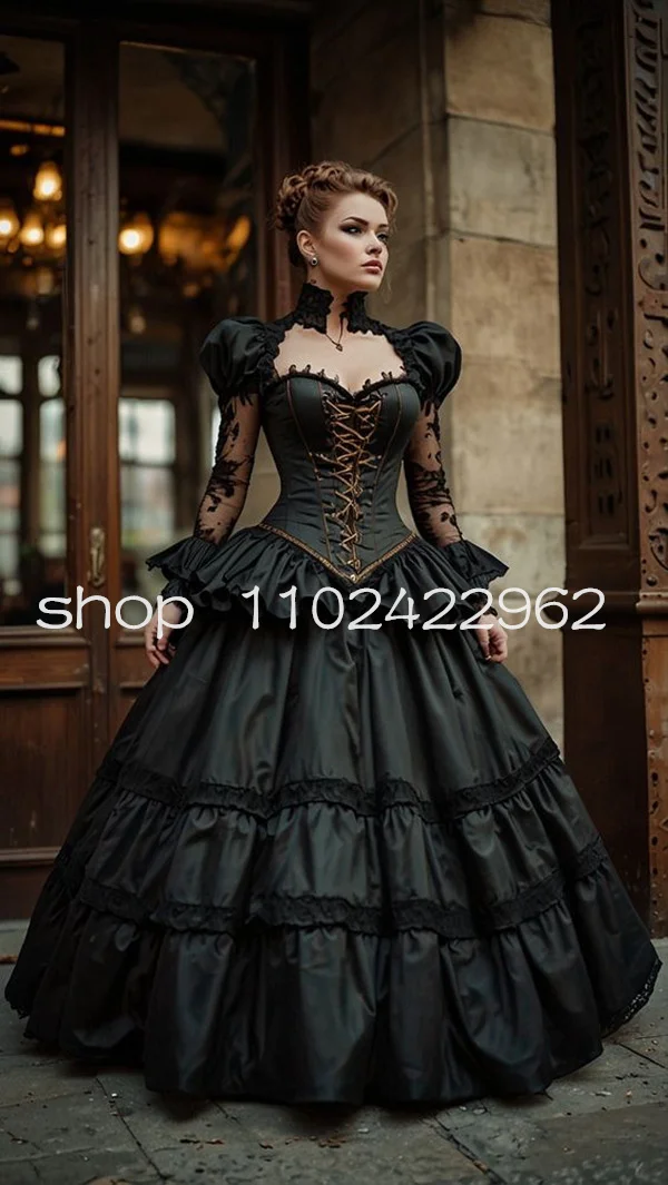 History Black Gothic Prom Dresses Puffy Long Sleeve Steampunk Peplum Victorian Corset Halloween Evening Gown Costume